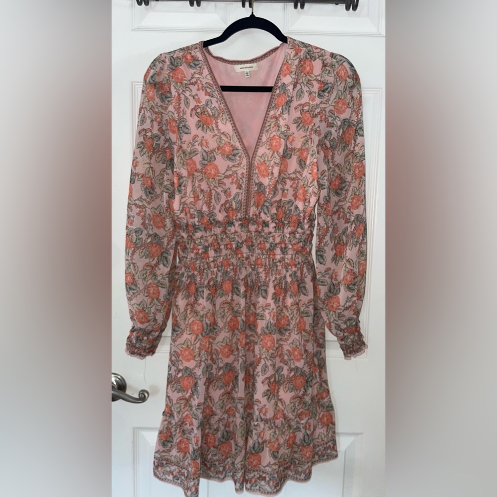 Max Studio Pink Floral Long-Sleeve Smocked Waist Dress